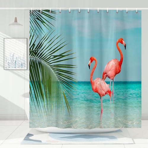 DeeCabin Strand-Duschvorhang mit Flamingo, Blaugrün, Meerrosa Flamingo, Badevorhang, tropisches Thema, nautisches Ozean, Duschvorhang-Set mit Haken, 183 x 183 cm von DeeCabin