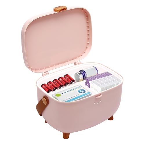 DeeDuud Medizinbox Medikamentenbox Aufbewahrung Hausapotheke Box mit doppeltem Stauraum und Griff ideal für Zuhause und Reisen (Rosa) von DeeDuud