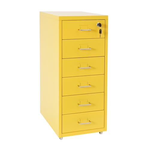 DeeDuud Metall Rollcontainer, Büromöbel für Schreibtisch, Büro Organizer mit 6 Schubladen, Abschließbarer Schubladenschrank auf Rollen, 28×41×69 cm (Gelb) von DeeDuud