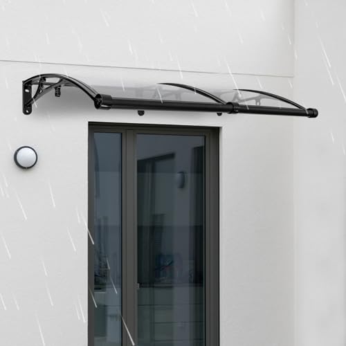 Vordach für Haustür 120 x 60 cm, Aluminium Regenschutz Überdachung Haustür für Balkone Dächer Höfe Garagen Terrassen Veranden (Schwarz+Transparent) von DeeDuud