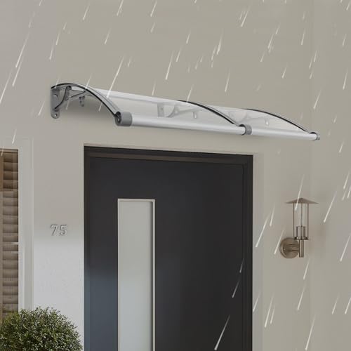 Vordach für Haustür 120 x 60 cm, Aluminium Regenschutz Überdachung Haustür für Balkone Dächer Höfe Garagen Terrassen Veranden (Silber+Transparent) von DeeDuud