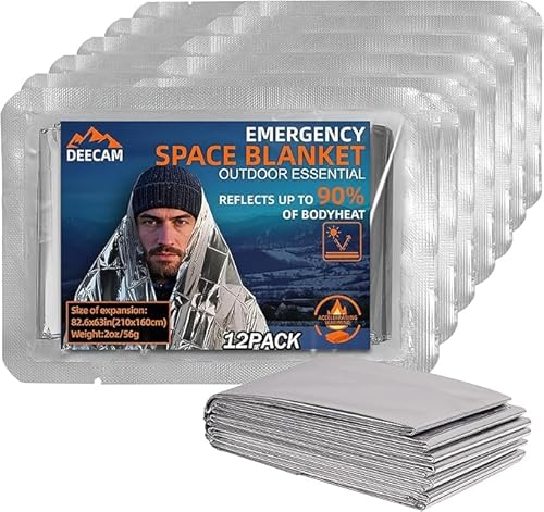 Deecam Rettungsdecke Rettungsfolie Silber 210x160cm 12 Stück - Auto, Erste Hilfe, Camping, Survival Kit Alu Thermo Wärmedecke Verbandskasten (12er-Pack) von Deecam