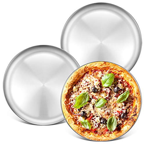 Deedro Pizzablech aus Edelstahl, 33,5 cm, rund, Pizzabackblech, Pizzabackblech, Pizza-Backform, Pizza-Serviertablett, spülmaschinenfest, 3 Stück von Deedro