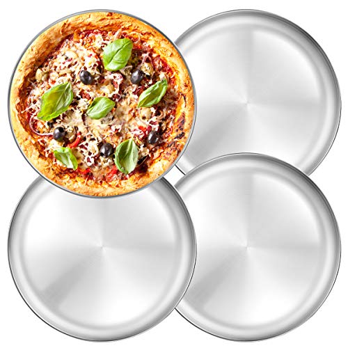 Deedro Pizzablech aus Edelstahl, rund, 33,5 cm, Pizzabackblech, Pizza-Backblech, gesunde Pizza-Backform, Pizza-Serviertablett, spülmaschinenfest, 4 Stück von Deedro