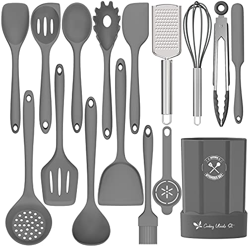 Silikon-Küchenutensilien-Set, 16-teilig, Silikon-Kochutensilien von Deedro, hitzebeständiges Küchenwerkzeug-Set mit Halter, Antihaft-Pfannenwender, Küchenhelfer zum Kochen & Backen, Grau von Deedro