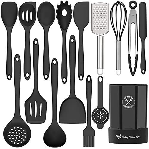 Silikon Küchenutensilien Set, 16-teiliges Silikon Kochutensilien von Deedro Hitzebeständiges Küchenwerkzeug Set mit Halter, Antihaftspatel Küchenhelfer zum Kochen & Backen, Schwarz von Deedro