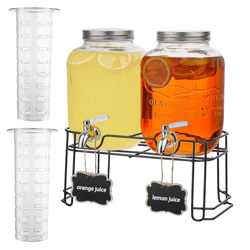 Deefongo 2 x 4L Glas-Getränkespender mit Ständer, Getränkespender, Glas-Wasser-Saft-Spender mit Hahn für geeiste Säfte, Wasser, hausgemachte Getränke, Partys, Hochzeiten von Deefongo