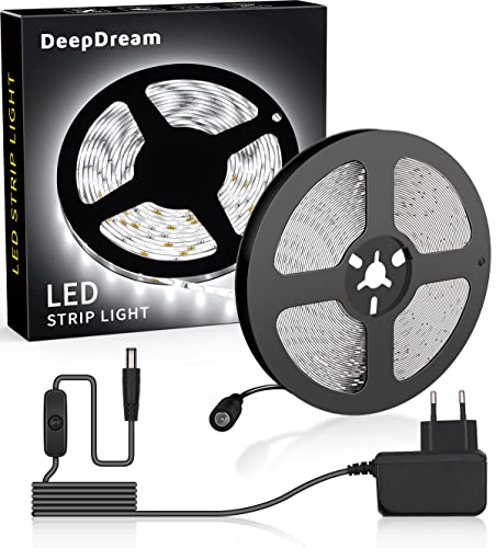 DeepDream 5M LED Strip Kaltweiss, 6500K Wasserdicht 300 LEDs Lichtband LED Streifen,2835 LED Streifen 12V Netzteil mit Schalter von DeepDream