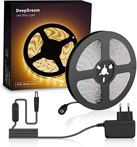 DeepDream 5M LED Strip Warmweiß, 3000K Wasserdicht LED Streifen, 12V Selbstklebend SMD 2835 LED Band Lichtband für Innen Heim Küche Deko von DeepDream