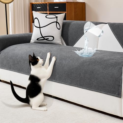 DeepDream Wasserdicht Sofa Überzug Chenille Sofabezug, Kratzfest Hund Katze Sofaschoner, Rutschfester Sofa Cover Couch Überzug 2 3 4 Sitzer für U Form L Form Sektionssofa (Dunkelgrau, 90 * 180cm) von DeepDream