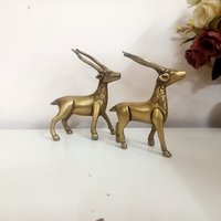 Baby Gehörnte Gazelle Messing Duo Skulptur | Springbock Hirsch Paar Büro Bibliothek Statuen von DeepEnlightenment