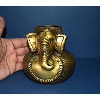 Eleganter Lord Ganesha Blumentopf | Vintage Ganpati Face Art Stifthalter Aus Messing von DeepEnlightenment