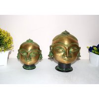 Set 02 Stück Majestic Parvati Kopf | Messing Hindu Göttin Gesicht Skulptur Adi Parashakti Statue Devi Maa von DeepEnlightenment