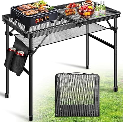 DeeprBling Campingtisch Klappbar, Metall-Klapptisch Camping Klein 60x40 cm, Klapptisch Höhenverstellbar, 2 Höhen 27/56 cm mit Mesh-Netz, Tragbarer Faltbarer Campingtisch Mehrzwecktisch mit Tragegriff von DeeprBling
