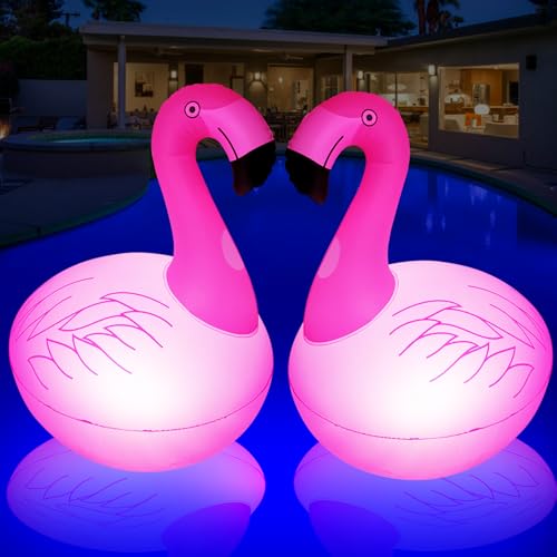DeeprBling Flamingo Pool Lichter Schwimmend, Aufblasbare Flamingo Schwimmende Solarleuchten, LED Flamingo Schwimmlichter Solar, IP68 Wasserdicht Schwimmende Flamingo Lichter für Pool, Teich - 2 Stück von DeeprBling