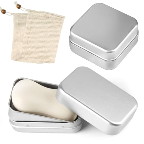 2 Stück Seifendose Reise Wasserdicht Seifenbox Festes Shampoo Aufbewahrung Seifenschale Metall Aluminium mit Soap Bar Bag, Abtropfgitter seifendose Edelstahl mit Deckel (Quadrat, Rechteck) von Deepton