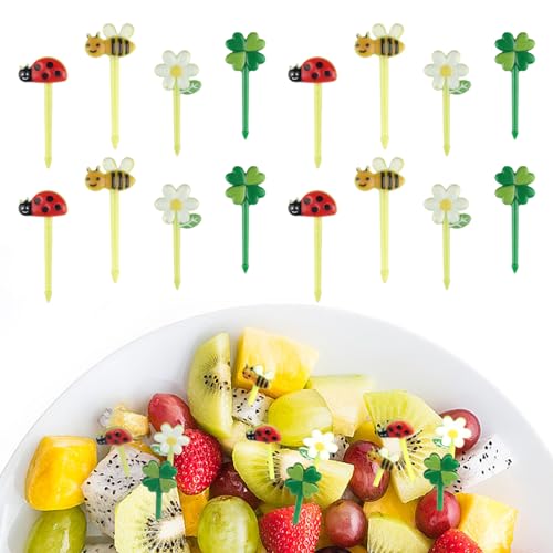 24 Stück Piekser Fingerfood Kinder, Obstgabeln Kinder, Bento Box Piekser Kinder, Obstspieße Kinder, Spieße Kinder Brotbox, Mini Sonnenblume Marienkäfer Food Picks für Desserts Obst Mittagessen Party von Deepton