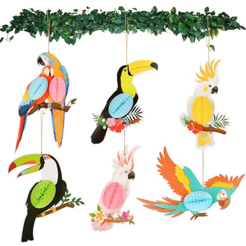6 Stück Tropische Vögel Party Deko, Papagei Wabenball Concrete Jungle Decorations, Farbe Summer Dschungel Deko, Hängende Hawaii Deko, Papageien Deko für Tropical Party Luau Party Mottoparty von Deepton