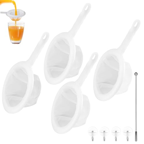 Deepton 4 Stück Sieb Fein, Feines Sieb Küche Mit Griff, 400/300/200/100 Mesh Haarsieb Küche Mit 4 Haken und 1 Rührstab, Küchensieb Kunststoff, Plastiksieb Kefir, Passiersieb für Saft, Milch, Kaffee von Deepton