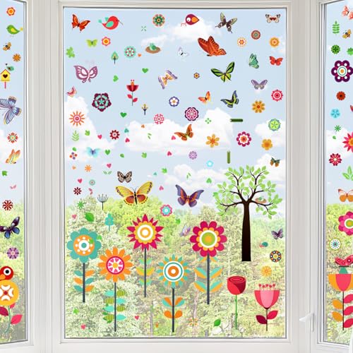 Deepton Fensterbilder Frühling Selbstklebend, 9 Blätter Fensteraufkleber Schmetterlinge Blumen Fenstersticker Frühling Deko Kinder Fensterdeko Sticker für Kinderzimmer von Deepton