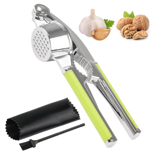 Deepton Knoblauchpresse, 2 In 1 Multifunktional Garlic Press, Knoblauchpressen Edelstahl, Knoblauchschneider Mit Schälhilfe Und Bürste, Knoblauchpresse Spülmaschinenfest Für Knoblauch Nussbaum von Deepton