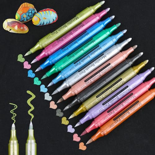 Deepton Metallic Stifte, 12 Farben Dual Tip Metallic Marker Set, Wasserdicht Stifte für DIY Fotoalben, Hochzeitsgästebücher, Scrapbook-Zubehör, schwarzes Papier, Stein, Holzmalerei, Holz, Glas von Deepton