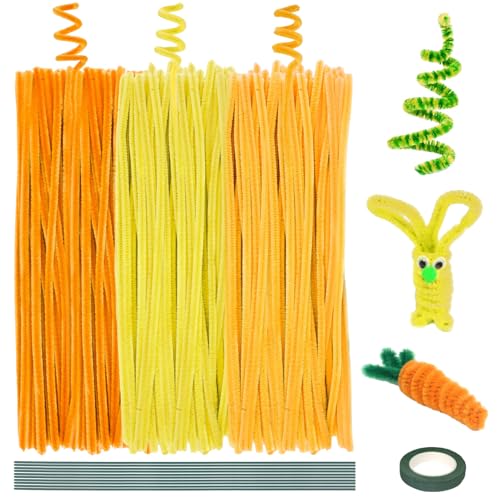 Deepton 300 Stück Pfeifenreiniger, 3 Verschiedene Gelb Pfeifenputzer, Chenilledraht Pfeiffendraht, 30cm x 6mm Biegeplüsch Basteldraht mit 10 Eisen-Draht und 1 Band für DIY Bastelprojekte von Deepton