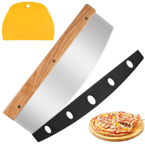 Pizzaschneider mit Holzgriff, 32 CM Pizzamesser mit Teigschaber, Profi Edelstahl Pizza Zubehör, Scharfes Wiegemesser für Geschnittene Pizza, Teig, Crêpes von Deepton