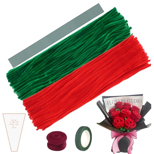 227 Stück Pfeifenputzer Zum Basteln, Pfeifenreiniger, Rot Grün Pfeifenreiniger Blumen Set für Heimdekoration, mit 200 Stück Pfeifenreiniger (2 Farben), Blumendraht, Verpackungsbeuteln (Rot Rosen) von Deepton
