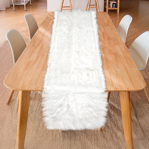 Tischläufer Fell, Kunstfell Tischläufer Weiß Tischläufer Felloptik für Weihnachten Winterdeko Innen Hochzeit, Fell Tischläufer Abwaschbar - 80x35 cm von Deepton