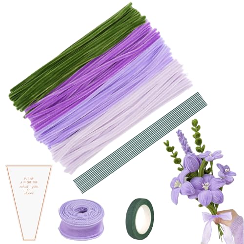227 Stück Pfeifenreiniger, Pfeifenputzer zum Basteln (4 Farben), pfeifenreiniger zum basteln, Basteldraht, Verpackungsbeutel, Geschenkband, Klebeband DIY Pfeifenreiniger Set, Violett Tulpe von Deepton