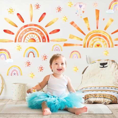 Wandtattoo Sonne, 2 Pcs Wandtattoo Kinderzimmer, Wandaufkleber Boho, Wandtattoo Regenbogen, Wandsticker Kinderzimmer Mädchen Junge, DIY Wanddeko Schlafzimmer Babyzimmer Kinderzimmer von Deepton