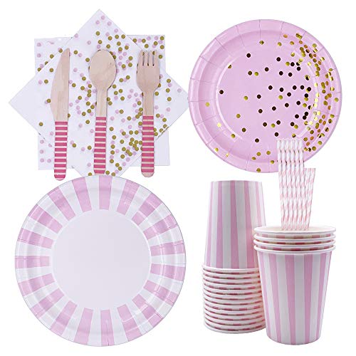 Deer Platz 128 Einweggeschirr Party-Set, Rosa Papier Geschirr Set, Einweg Bronzing Besteckset, für Picknicks Kindergeburtstag Partys, 16 Personen von Deer Platz