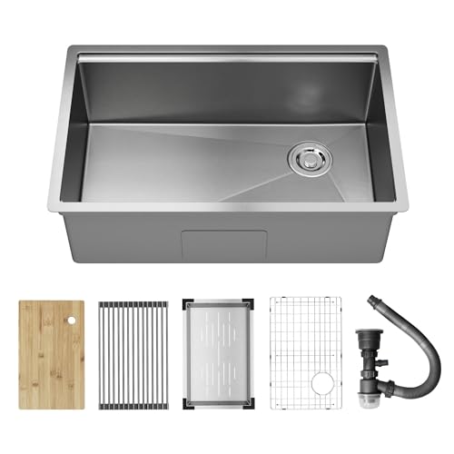 DeerValley 76 x 48 cm Unterbau-Küchenspüle Workstation – 18 Gauge Edelstahl Einzelbecken Spüle, handgefertigt mit eingebautem Zubehör, Ledge Design & Schneidebrett DeerValley 76 x 48 cm Unterbau-Küchenspüle Workstation – 18 Gauge Edelstahl Einzelbecken Spüle, handgefertigt mit eingebautem Zubehör, Ledge Design & Schneidebrett von Deer Valley