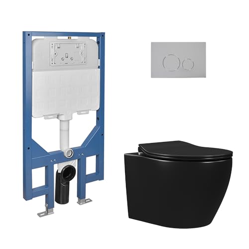 Schwarzes Wand WC Toilette Set mit Vorwandelement Geräuscharm Spülrandlos Hänge Toiletten mit Absenkautomatik, Geräuscharm Sitz, Glatte Keramik, 51,5cm D-Form Wand WC für Gästebadmit Vorwandelement von Deer Valley
