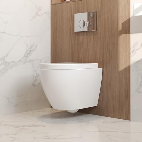 DeerValley Hänge WC Spülrandlos Wand-WC mit superstarker Rundum-Spülung, WC-Sitz mit Absenkautomatik und vollumschließendem Toilettensitz, glatte Keramikoberfläche, weiße Toilettenschüssel 525 x358mm von Deer Valley