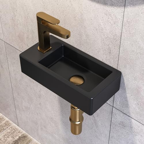 DeerValley Kleines Waschbecken Gäste wc Waschbecken Schwarz matt Rechteckig Keramik zum Aufhängen für Badezimmer Waschbecken Handwaschbecken, WC, 365 x 180 x 90 mm Wasserhahn Links von Deer Valley