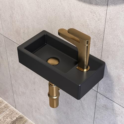 DeerValley Kleines Waschbecken Gäste wc Waschbecken Schwarz matt Rechteckig Keramik zum Aufhängen für Badezimmer Waschbecken Handwaschbecken, WC, 365 x 180 x 90 mm Wasserhahn Rechts von Deer Valley