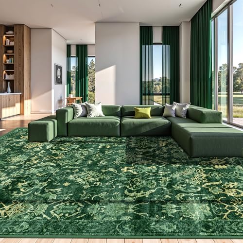 Dunkelgrüner extra großer Teppich, für Wohnzimmer, abgenutzter waschbarer Teppich für Esszimmer, Schlafzimmer, rutschfest, niedriger Flor und weich, Akzentteppich, Bauernhaus, Büro, Heimdekoration von Deerly