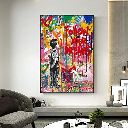 Deertweet Home Banksy Graffiti Street Art Traumposter und Drucke Bürowanddekor Abstrakte Pop-Art Motivations-Leinwandbilder Folgen Sie Ihrem Traum 140 x 85 cm (55,1 "x 33,4") Innenrahmen von Deertweet Home