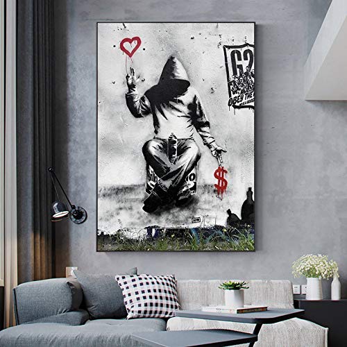 Deertweet Home Banksy Liebe über Geld Graffiti Street Art Leinwanddruck Poster und Drucke Bauernhausdekor Moderne Wandkunst Bilder für Wohnzimmer 120 x 75 cm (47,2 "x 29,5") Innenrahmen von Deertweet Home