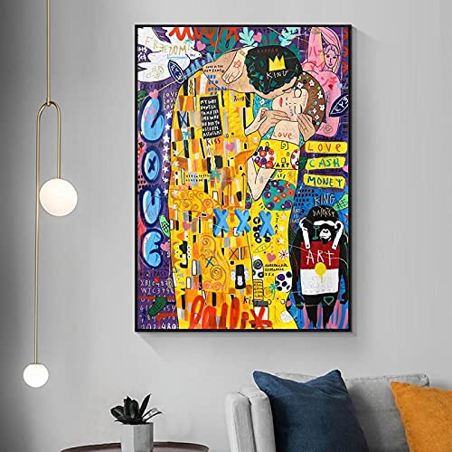 Deertweet Home Banksy Art Gustav Klimt Kuss Graffiti Leinwand Gemälde Pop Street Art Schlafzimmerdekoration Berühmte Gemälde Poster und Drucke Wandkunst 100 x 65 cm (39,3 "x 25,5") Innenrahmen von Deertweet Home