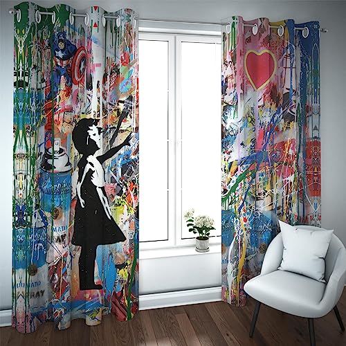 Deertweet Home Graffiti Verdunkelungsvorhänge für Schlafzimmer Wohnzimmer Fenster Vorhänge Set von 2 Panel Banksy Lärm reduzierende Vorhänge Sets für Fenster H240xB140 von Deertweet Home