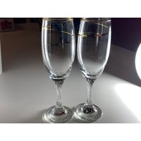 Gläser Sektflöte Gold Swirl Toast Hochzeit Glas, Vintage Set Von 2 von DeesNewOldGems