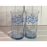 Libbey Set Von 2 Gläsern Immergrün Blau Vintage Blumen Rand Wasserbecher Getränke von DeesNewOldGems