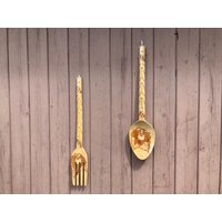 Tiki Holz Gabel Und Löffel Wandbehang Vintage Verbranntes Küche Dekor Blondes von DeesNewOldGems