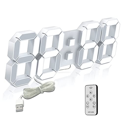 Deeyaple LED Wanduhr Digital Groß Wecker 3D Uhr Dimmbar Snooze USB 12/24Stunden Datum Temperaturanzeige Fernbedienung Nachtlicht Wohnzimmer Küche Schlafzimmer Büro 38cm (Weiß) von Deeyaple