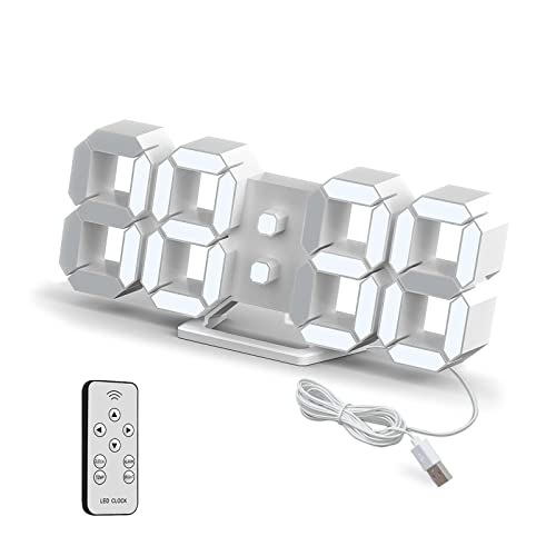 Deeyaple LED Wanduhr Digital Wecker 3D Uhr Dimmbar Snooze Modern USB 12/24Stunden Datum Temperaturanzeige Loop Display Fernbedienung Nachtlicht Wohnzimmer Küche Schlafzimmer Büro 25cm weiß von Deeyaple