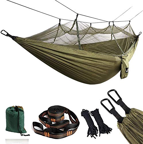 Hängematte Outdoor mit Moskitonetz (260x140 cm) aus Nylon Fallschirmseide bis 200kg Ultra-Leicht Hängematten XXL Camping 2 Personen DF-HM-02 Grün von DEFACTO