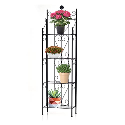 DEFACTO Blumenregal Aus Metall, 4 Ablagen, Wetterfestes Pflanzenregal, Hxbxt: 157 x 44 x 24 Cm, Schwarz Als Pflanzentreppe, Blumenständer, Gartenregal, Blumenbank, Pflanzenregale von DEFACTO